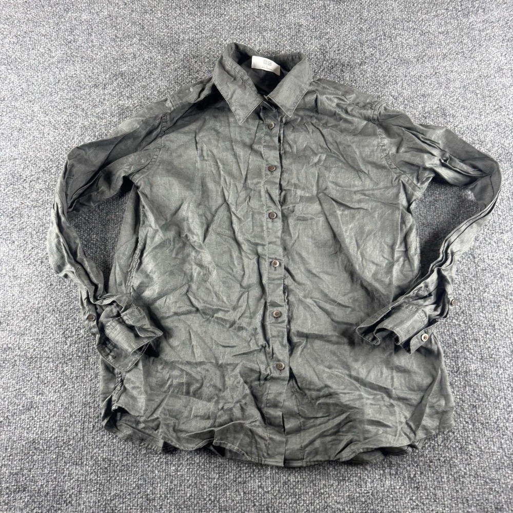 Uniqlo Shirt Womens L Gray Solid‎ Linen Long Sleeve Button Up Collared Woven